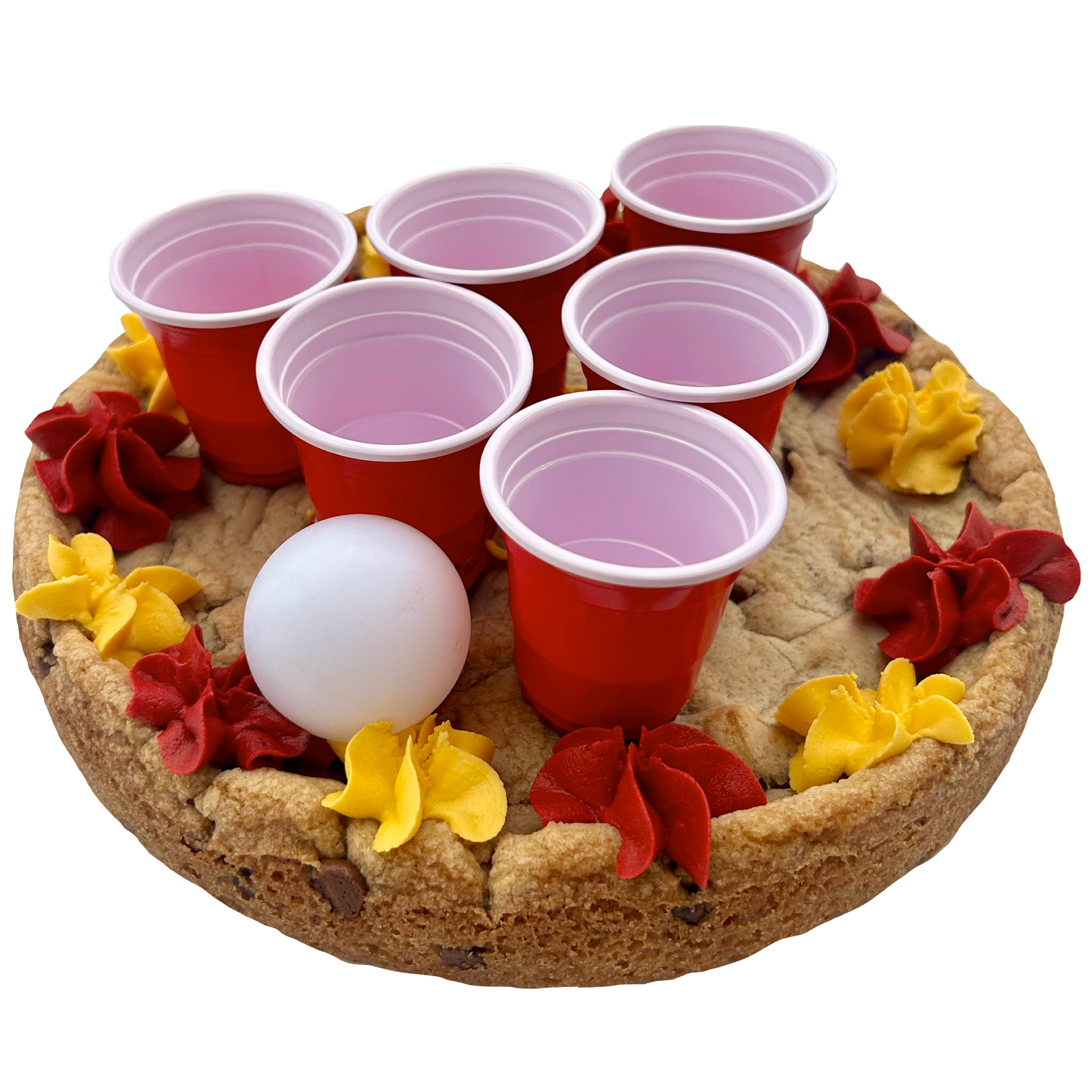 Maroon and gold cookie pong cake with mini red cups, ping pong ball, and maroon and gold frosting.