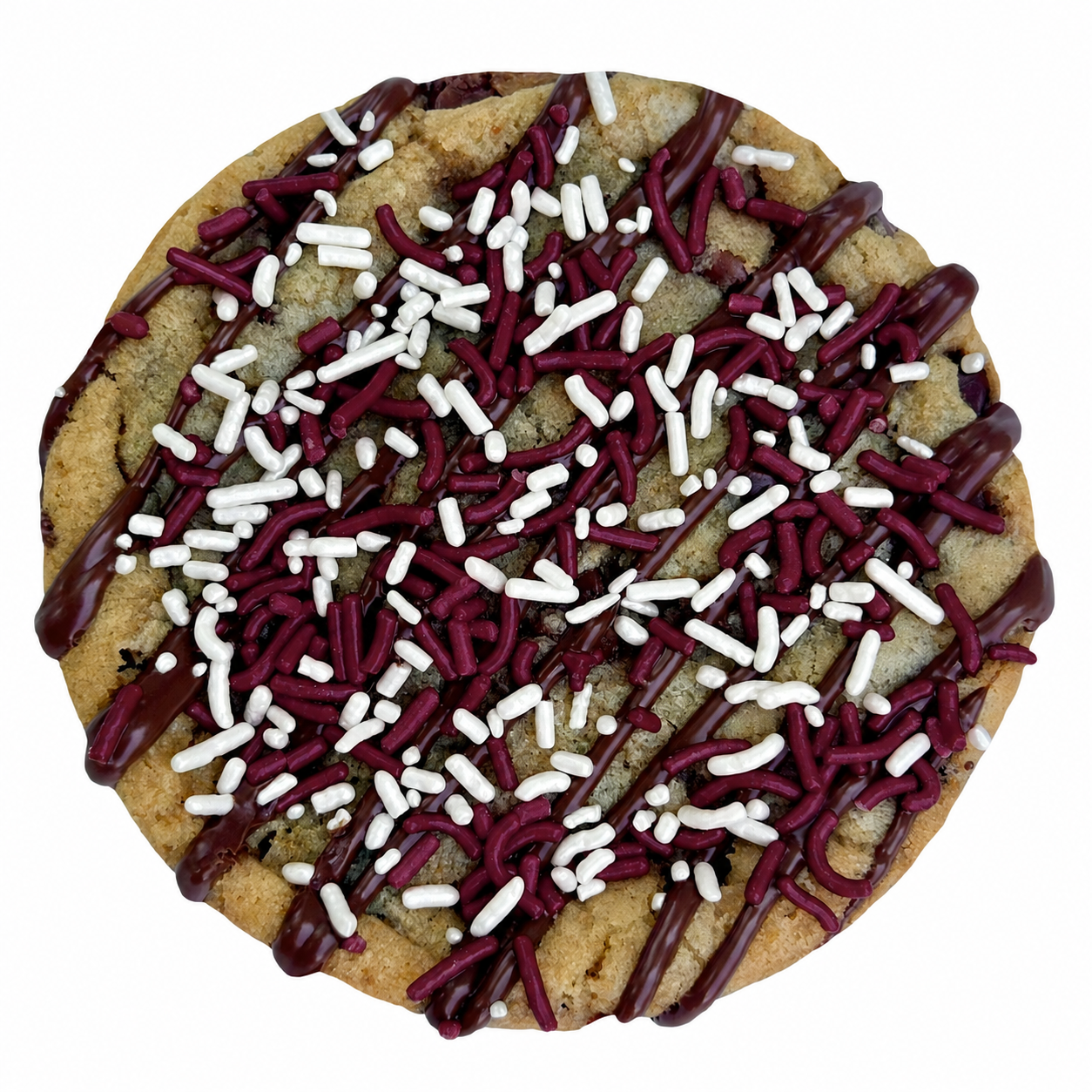 Maroon sprinkle cookie with chocolate drizzle and maroon and white sprinkles.