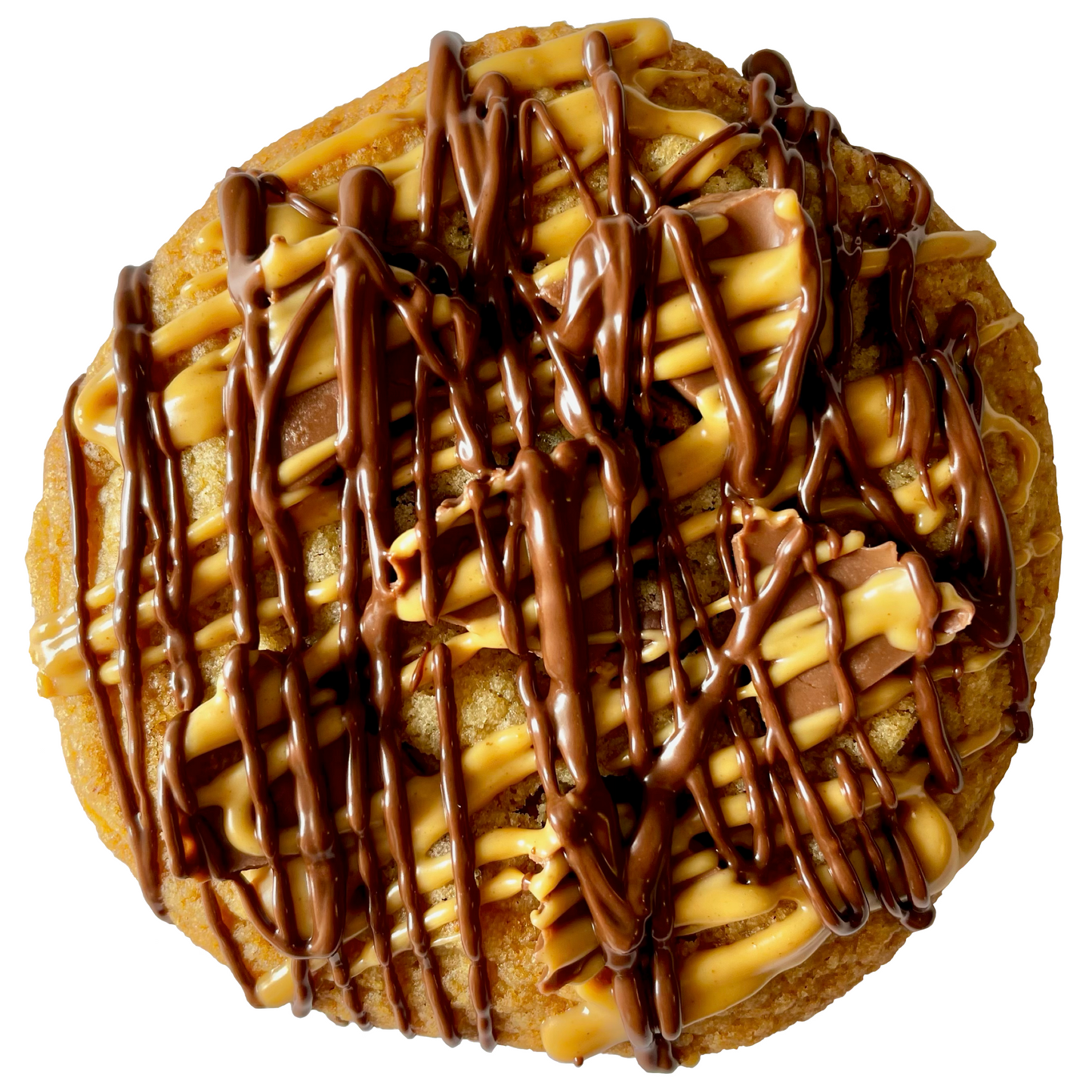 Peanut butter cup cookies with peanut butter and chocolate drizzle.