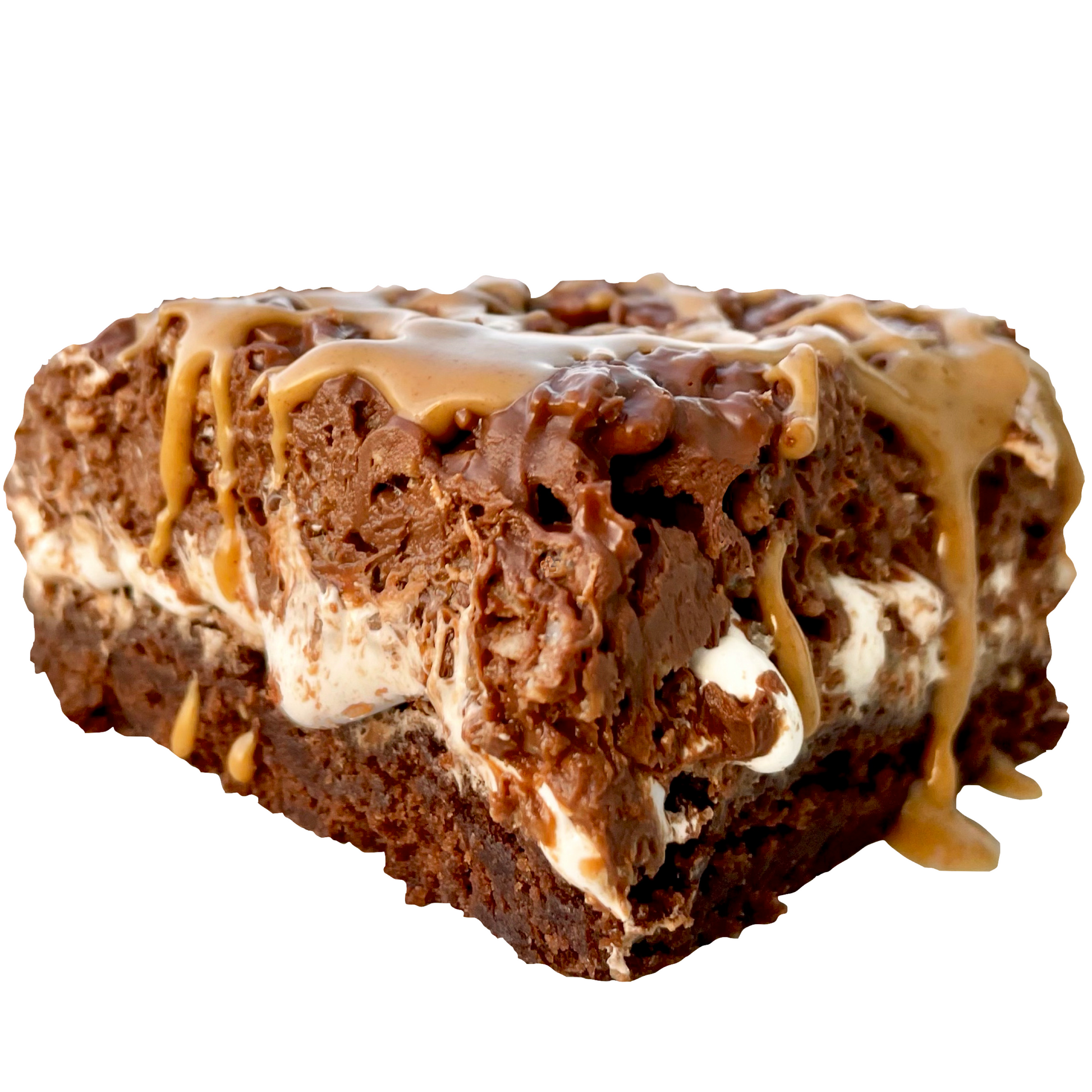 A brownie dessert with layers of brownie, marshmallow, and chocolate peanut butter, drizzled with peanut butter.