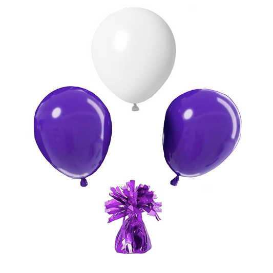 Purple and white balloon arrangement with coordinating balloons and balloon weight.