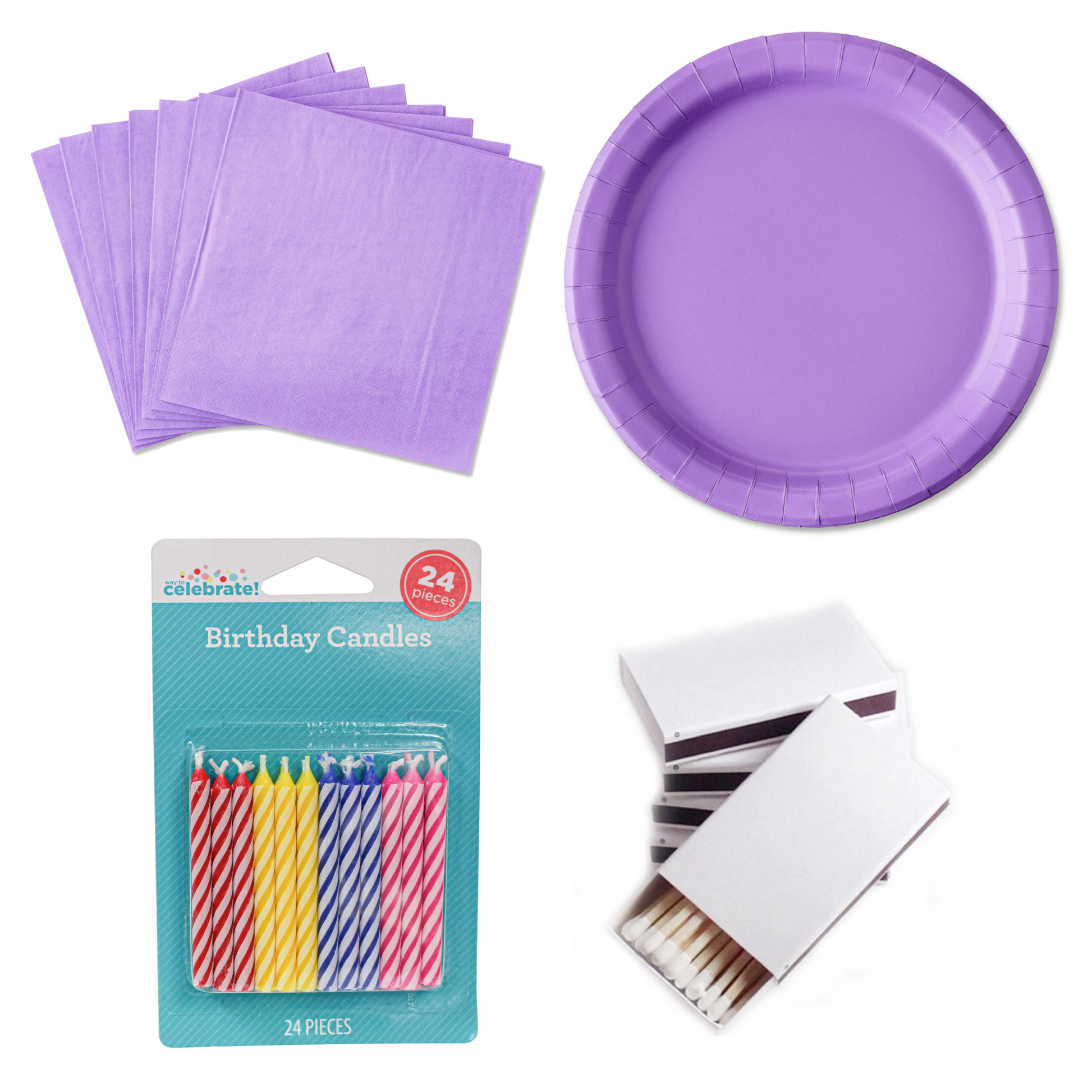 A set of party supplies including purple paper plates, purple napkins, a pack of multicolored birthday candles, and a pack of matches.