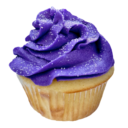 Purple cupcake with swirled frosting and white sprinkles.