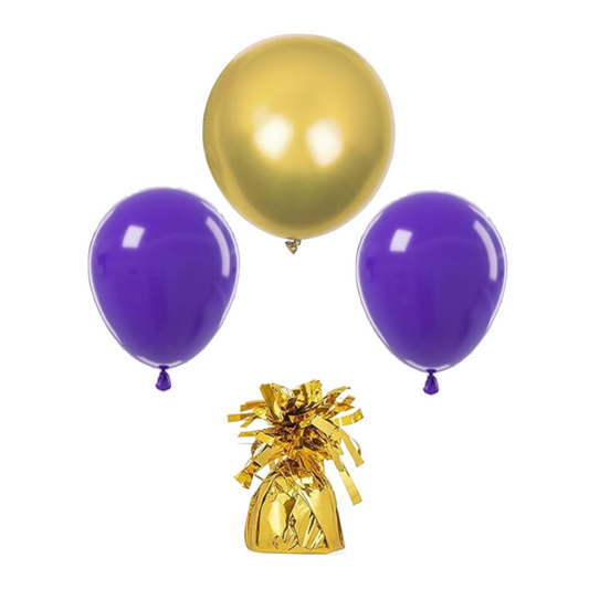 Purple and gold balloon arrangement with coordinating balloons and balloon weight.