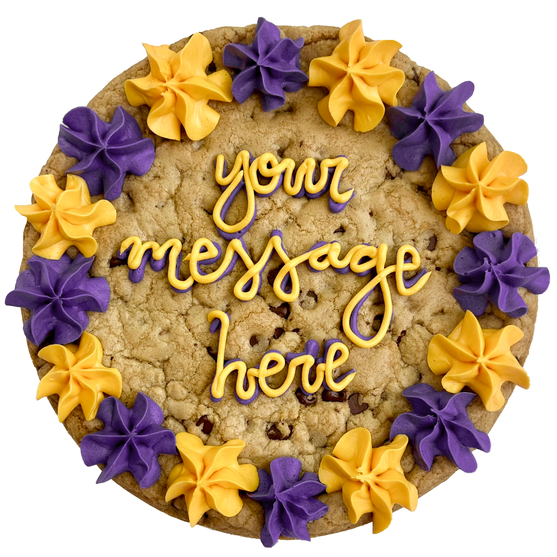 Purple and gold cookie cake with custom message and piped frosting border.