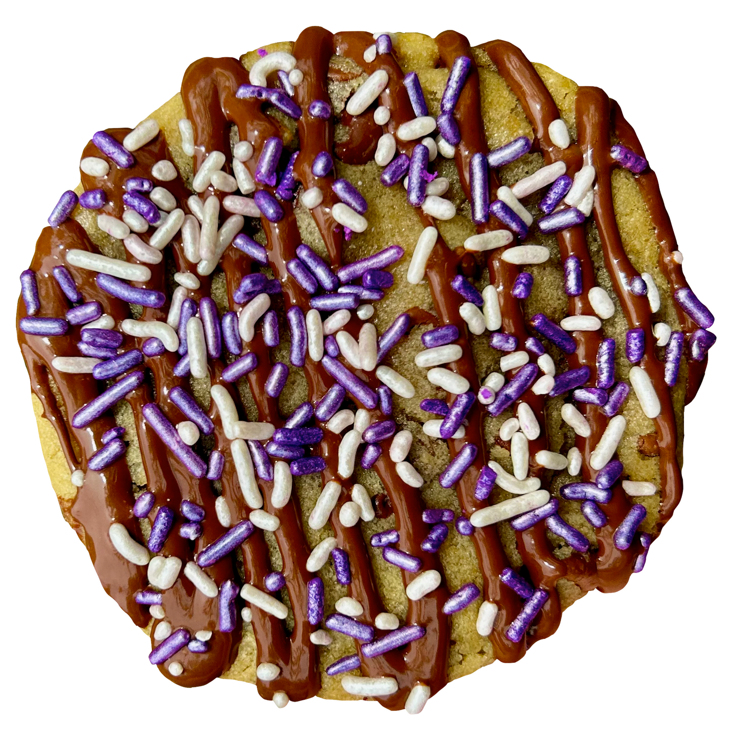 Purple sprinkle cookie with chocolate drizzle and white and purple sprinkles.