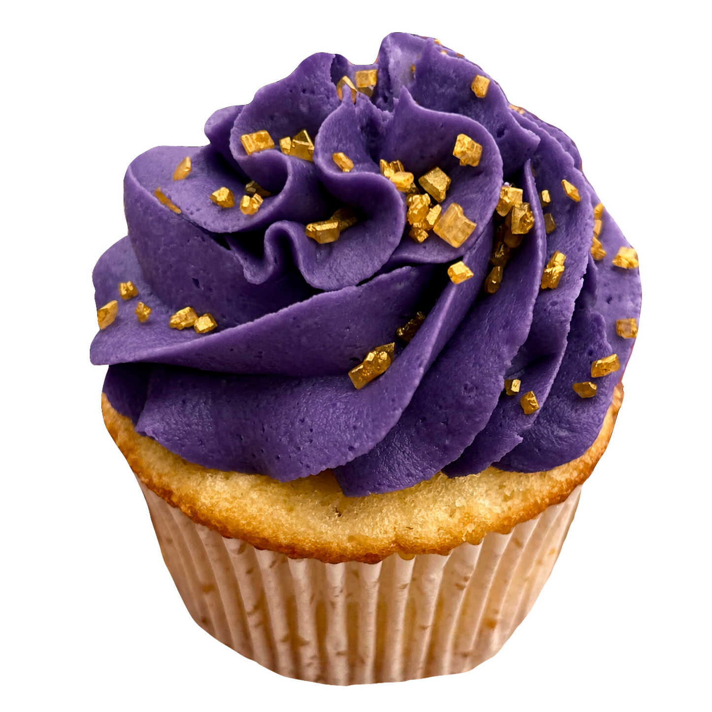Purple cupcake with swirled frosting and gold sprinkles.