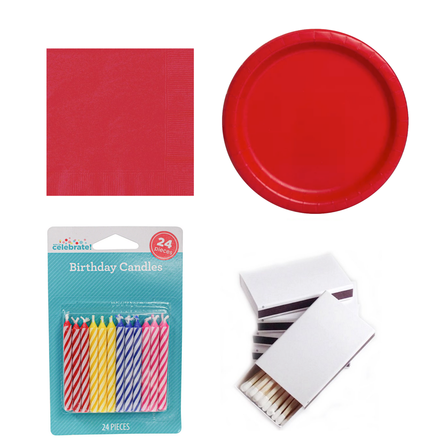 A set of party supplies including red paper plates, red napkins, a pack of multicolored birthday candles, and a pack of matches.