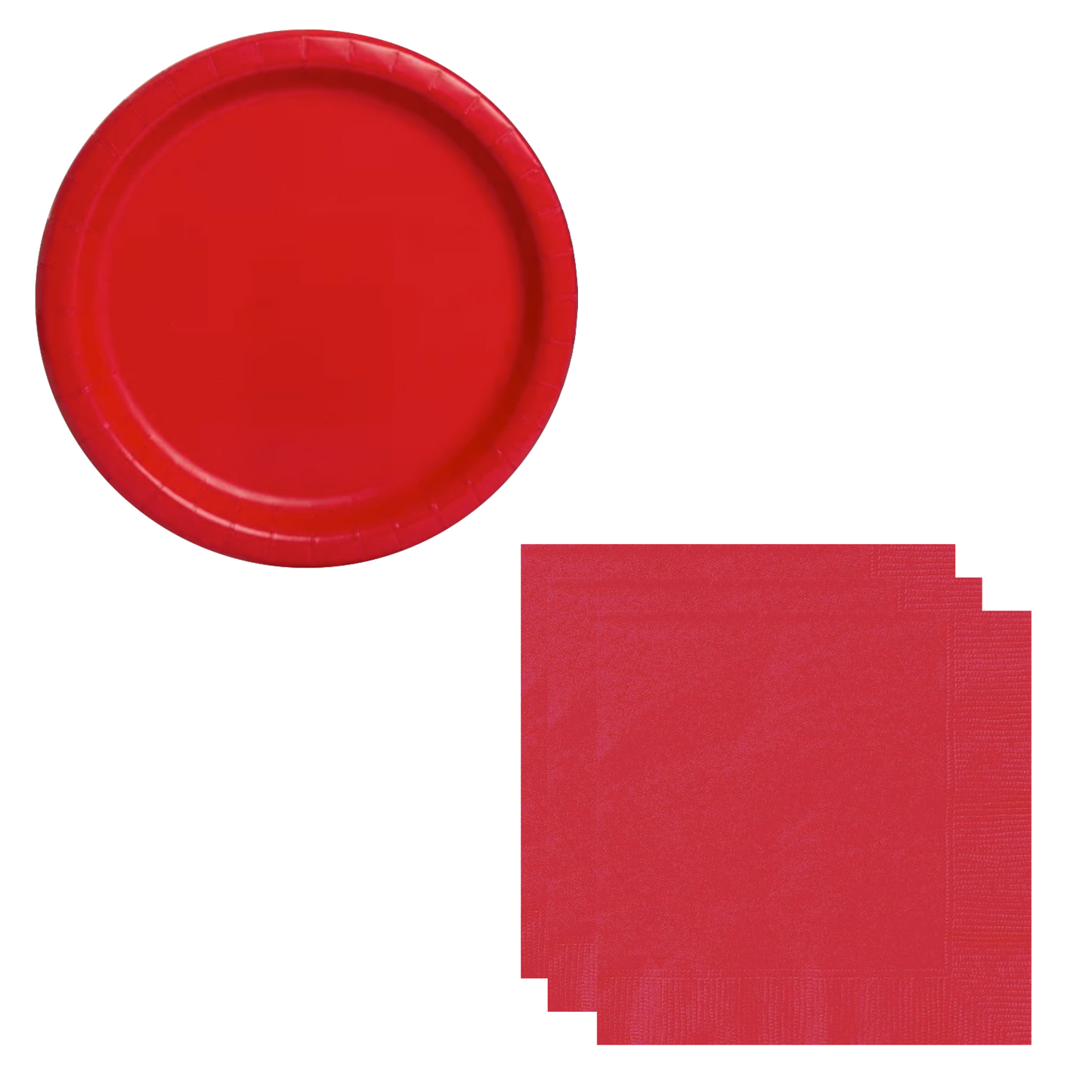 A set of party supplies including red paper plates and red napkins.