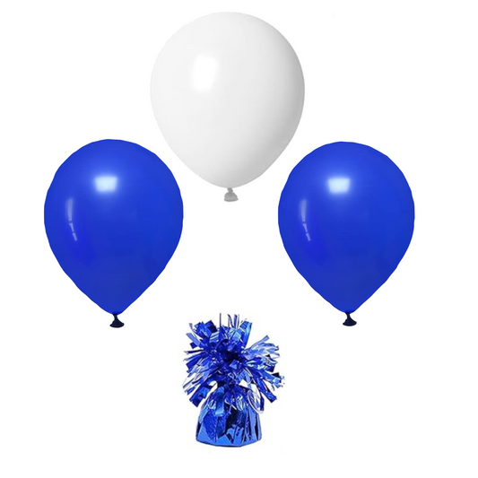 Royal blue and white balloon arrangement with coordinating balloons and balloon weight.