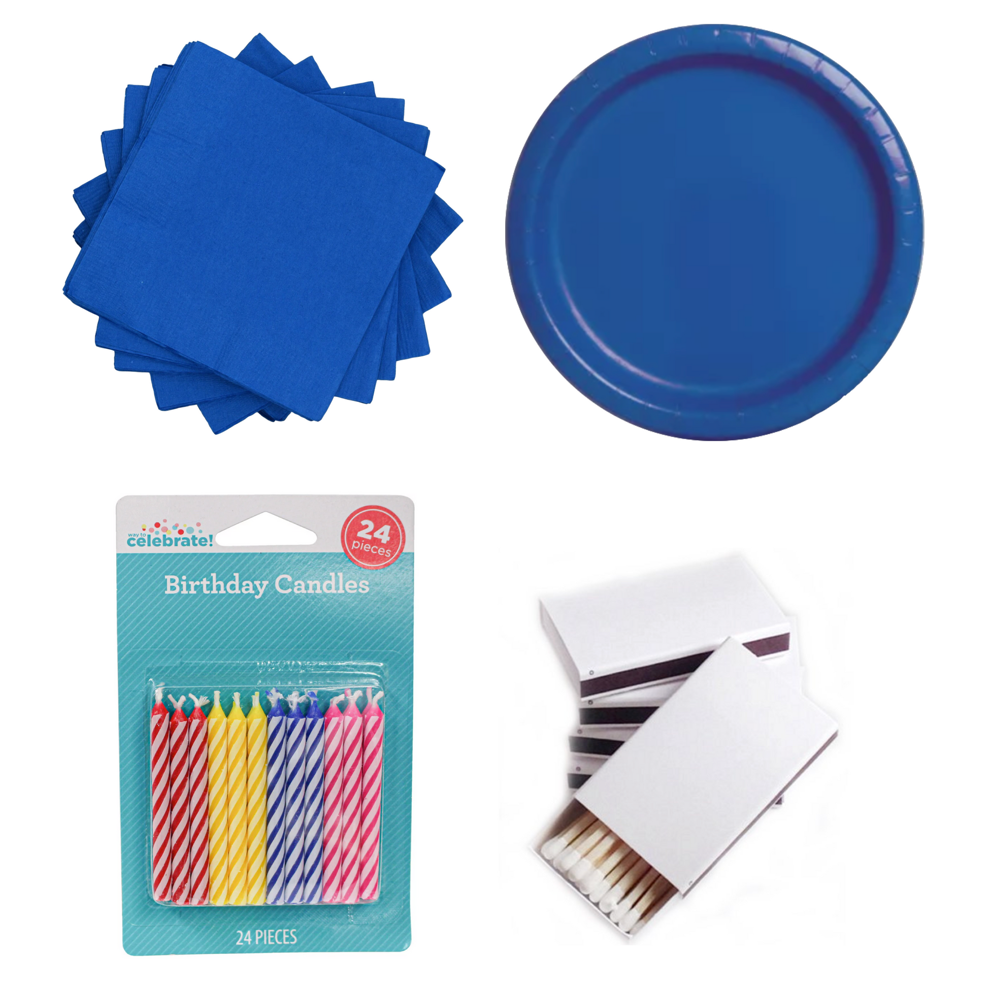 A set of party supplies including royal blue paper plates, royal blue napkins, a pack of multicolored birthday candles, and a pack of matches.
