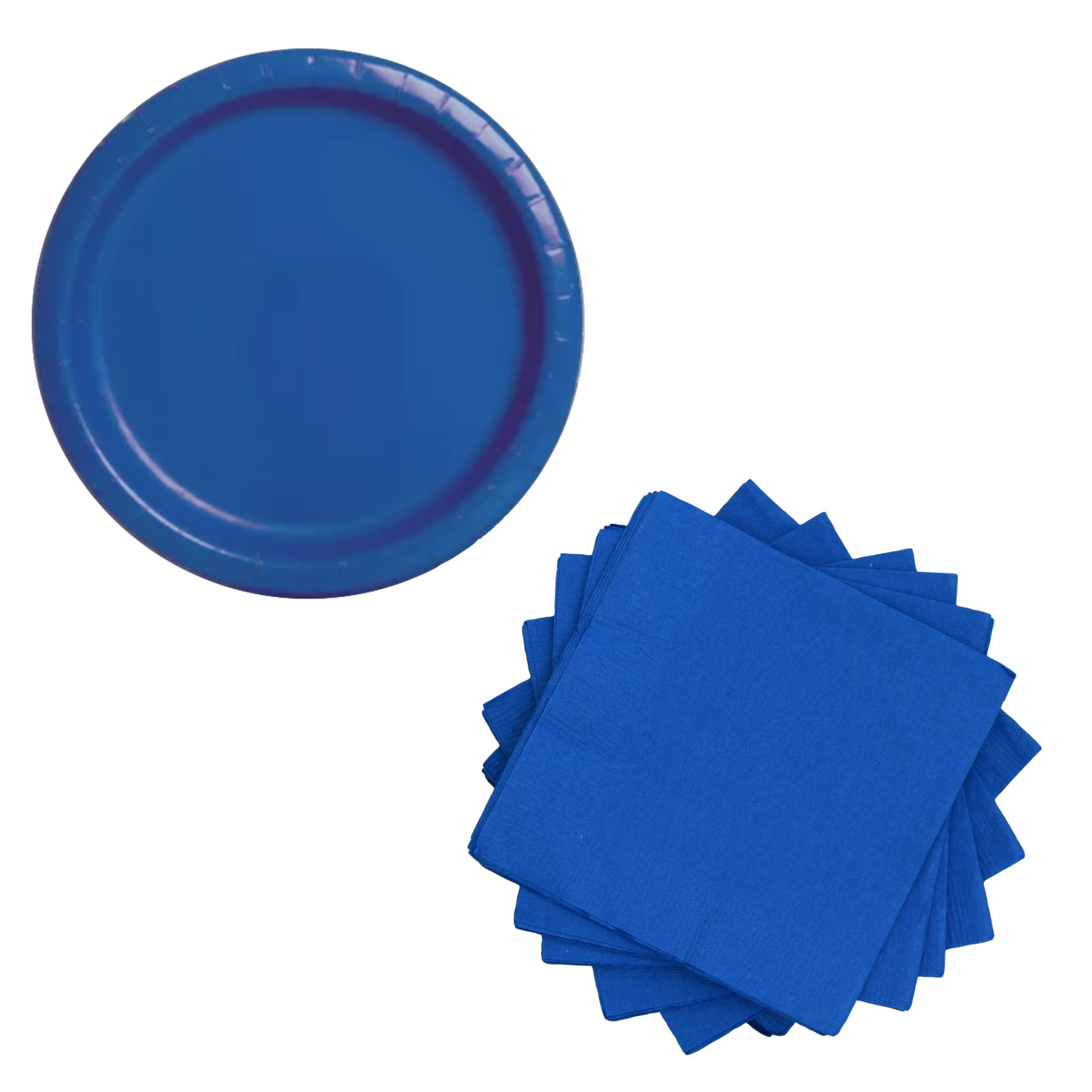 A set of party supplies including royal blue paper plates and royal blue napkins.