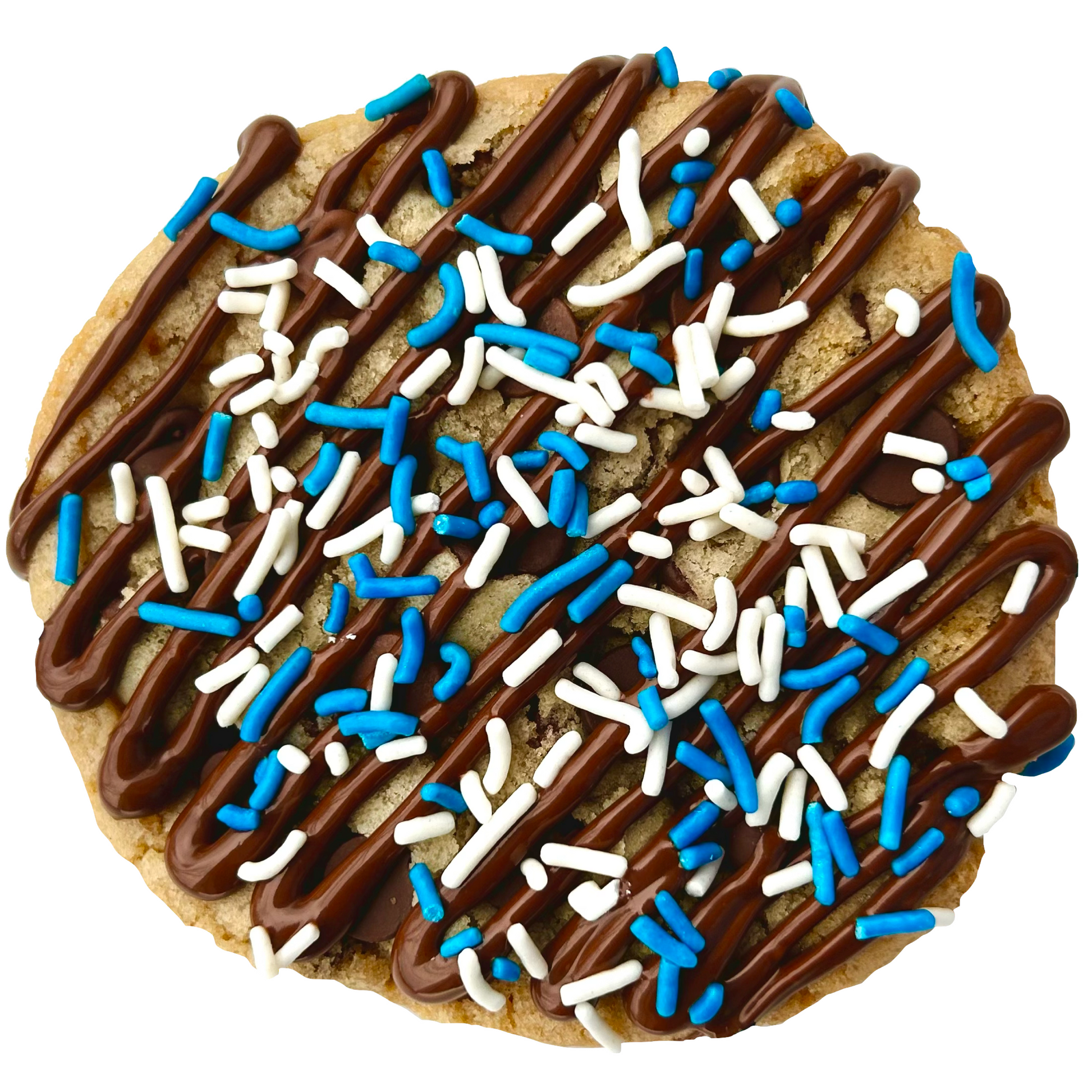 Royal blue sprinkle cookie with chocolate drizzle and white and royal blue sprinkles.