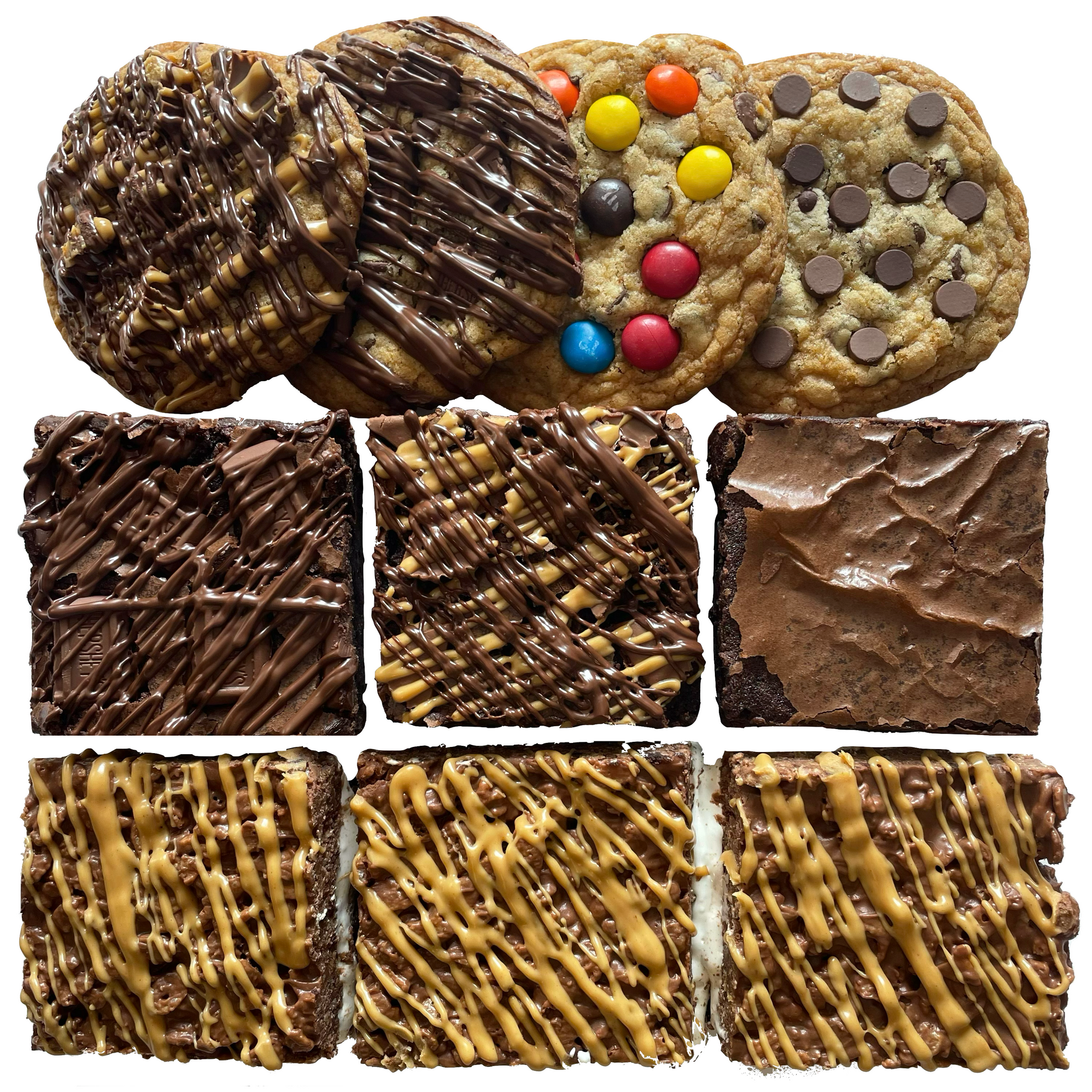 Sampler dessert box with four assorted flavor cookies, three assorted flavor brownies, and three peanut butter marshmallow brownies. 