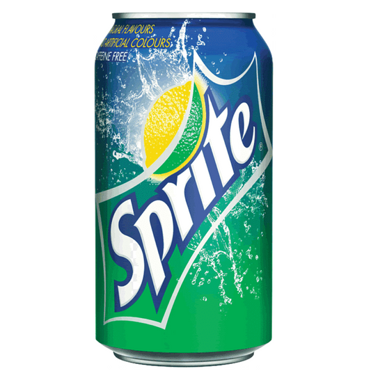 A 12oz can of Sprite soda with a green label and a splash of water.