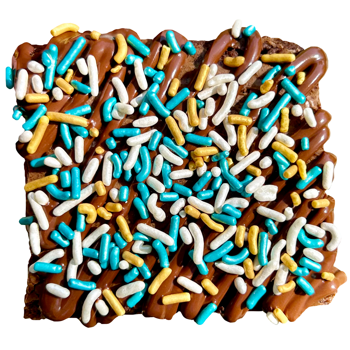 Teal sprinkle brownie with chocolate drizzle and teal, white and gold sprinkles.
