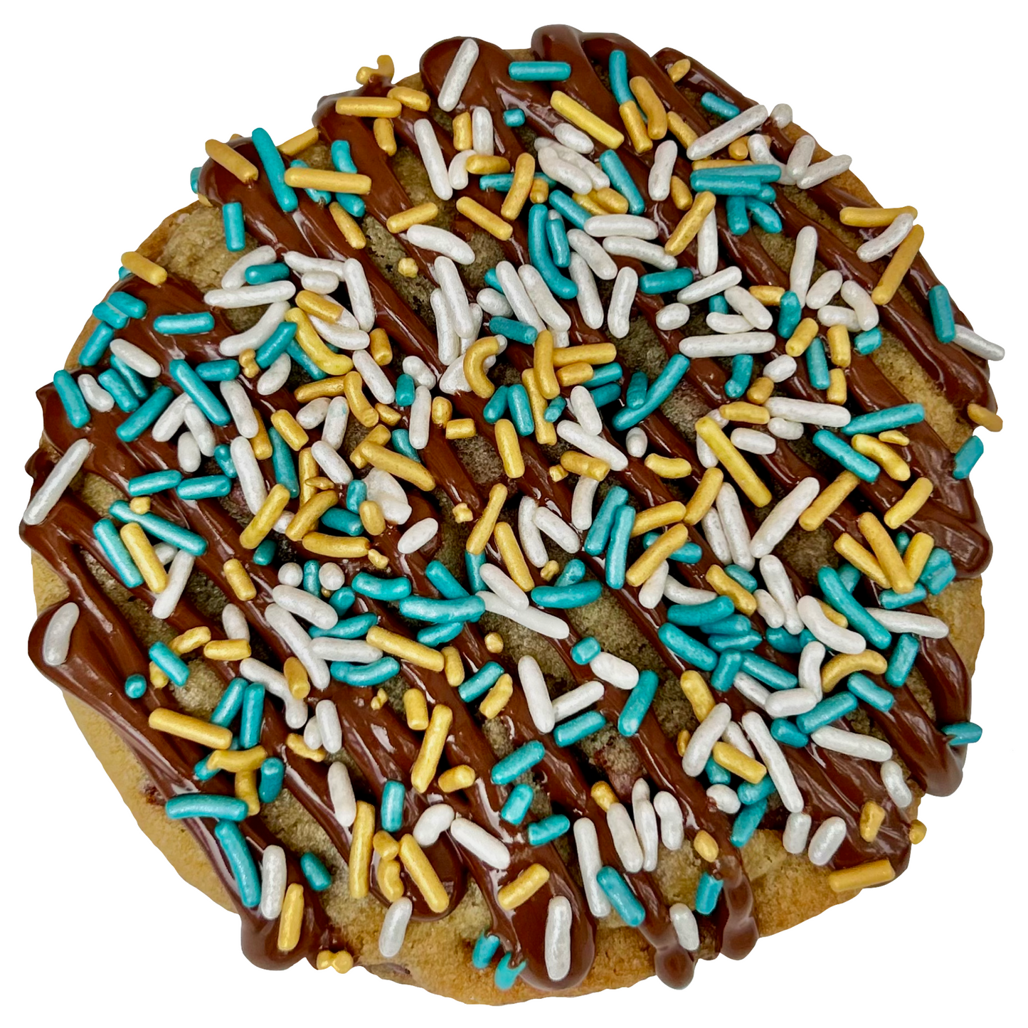 Teal sprinkle cookie with chocolate drizzle and teal, white and gold sprinkles.