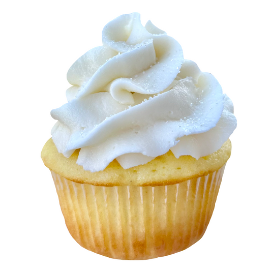 White cupcake with swirled frosting and white sprinkles.