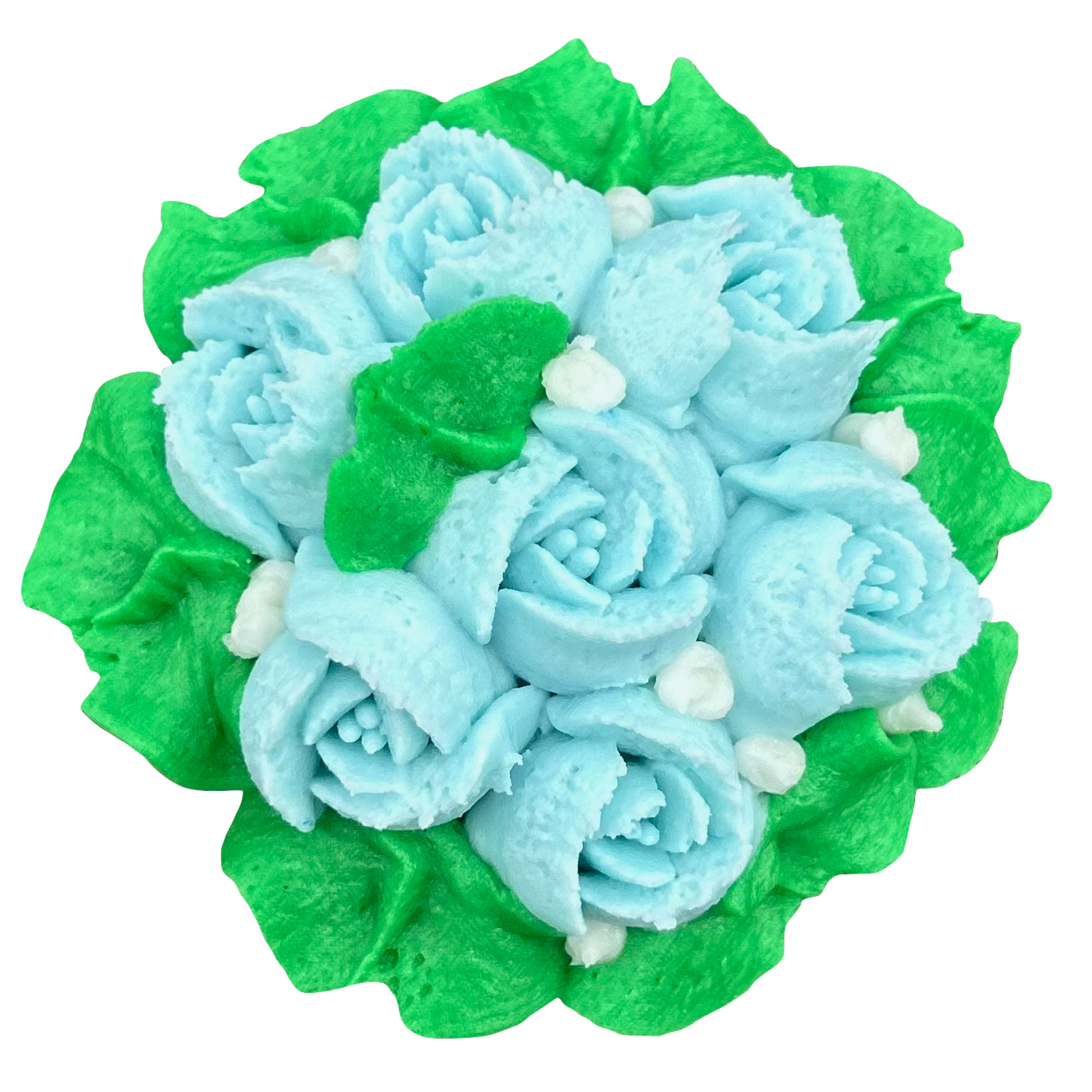 A cupcake topped with buttercream frosting designed to look like tulips with light blue flowers and green leaves.