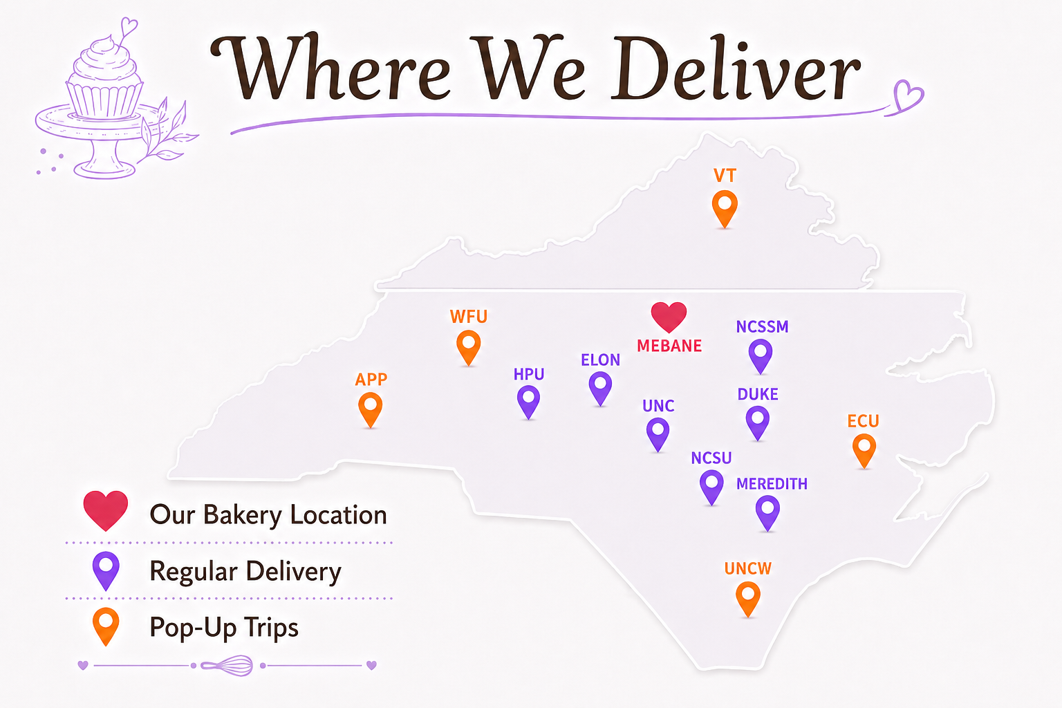 Map of Ollie’s Great Bakery delivery areas showing Mebane bakery location, regular delivery to UNC, Duke, NC State, Elon, High Point, Meredith, and NCSSM, plus pop-up trips to App State, Wake Forest, UNCW, ECU, and Virginia Tech.